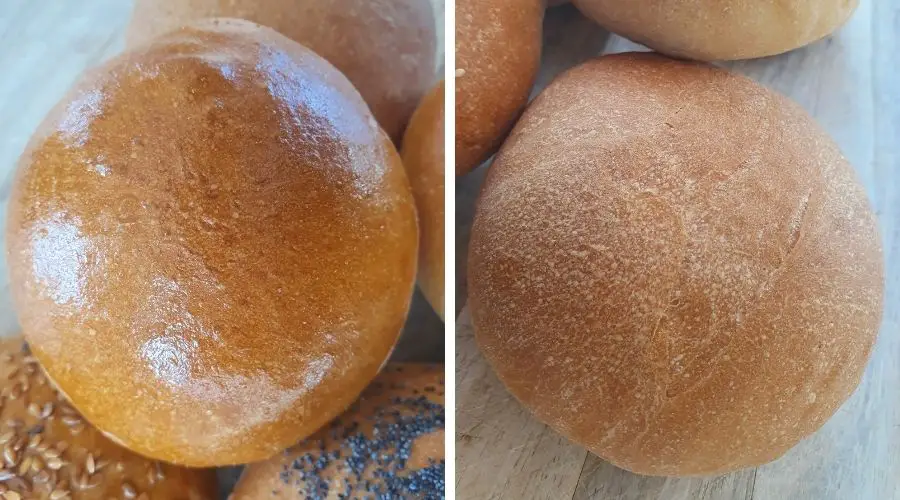 Image of an egg washed roll vs a roll which isn't egg washed